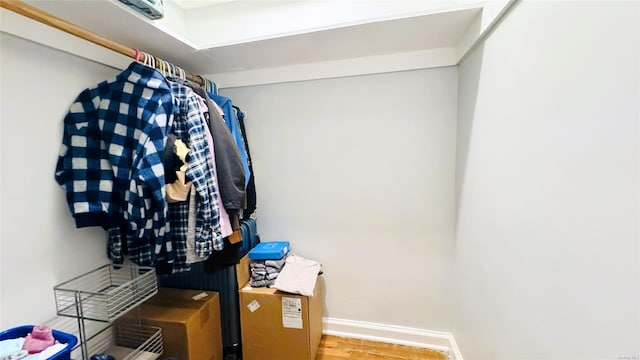 walk in closet with wood-type flooring