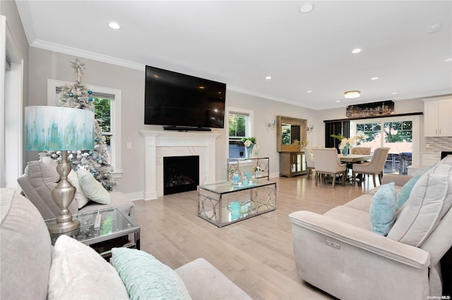 living room featuring a high end fireplace, light hardwood / wood-style floors, and a wealth of natural light