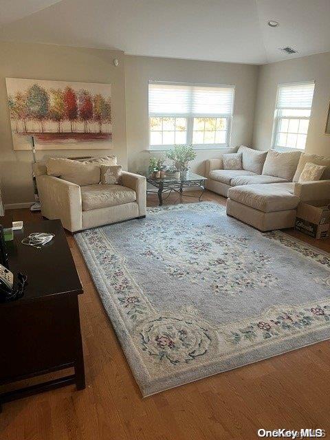 living room featuring a wealth of natural light, wood-type flooring, and lofted ceiling