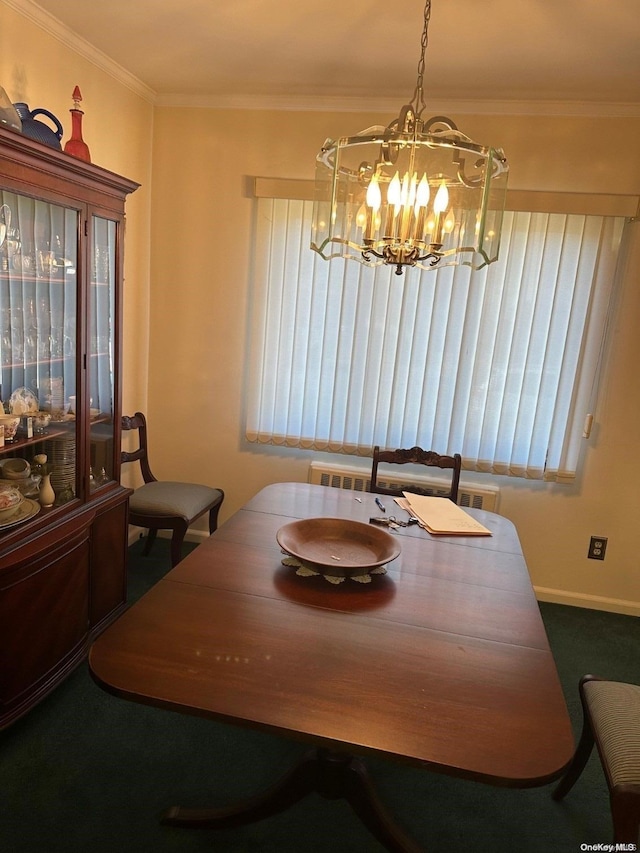 carpeted dining room featuring an inviting chandelier and ornamental molding