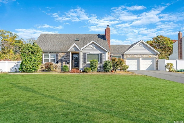 view of front of home with a front lawn and a garage