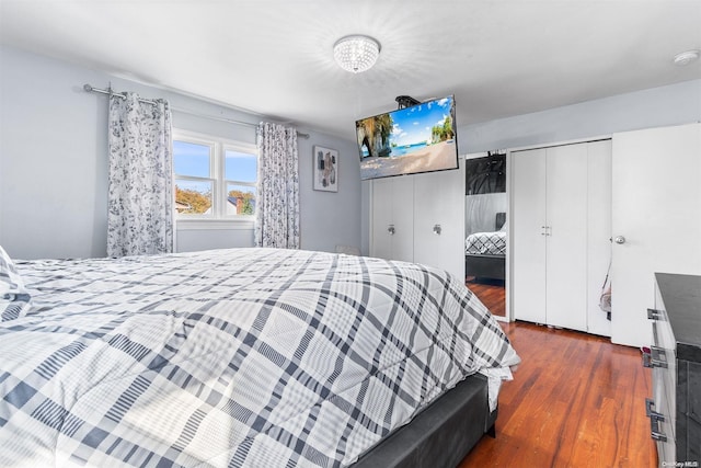 bedroom with dark wood-type flooring and a closet