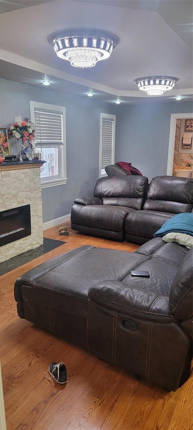 living room featuring a stone fireplace, hardwood / wood-style floors, and vaulted ceiling