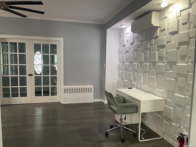 office with a wall mounted AC, crown molding, radiator heating unit, and dark hardwood / wood-style floors