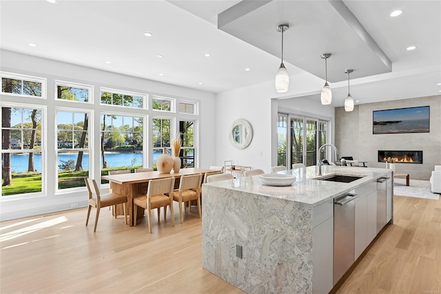 1750 Hobart Rd, Southold, NY 11971 - kitchen featuring a sink, light wood-type flooring, stainless steel dishwasher, recessed lighting, and a fireplace