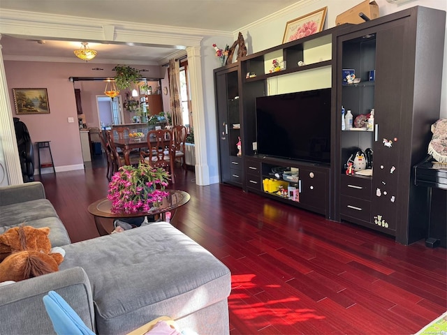 living room with crown molding and dark hardwood / wood-style floors