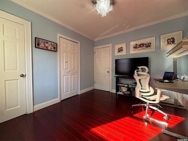 home office featuring lofted ceiling, crown molding, and dark hardwood / wood-style floors