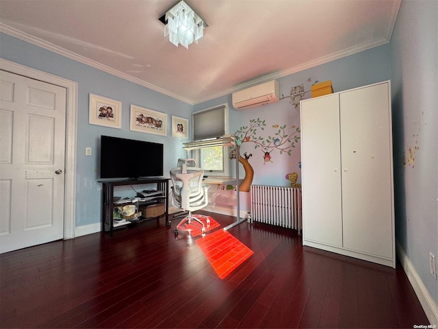 interior space featuring dark hardwood / wood-style floors, crown molding, a wall unit AC, and radiator