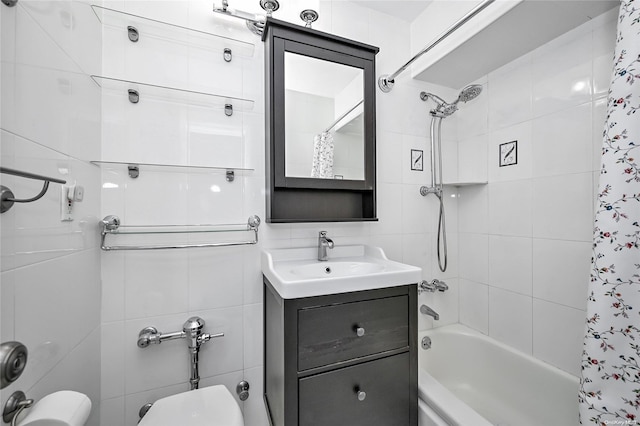 full bathroom featuring vanity, toilet, tile walls, and shower / tub combo with curtain