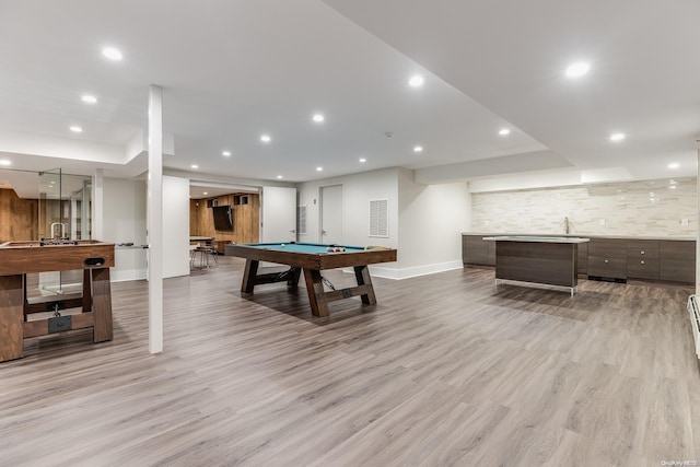 recreation room with light hardwood / wood-style floors and billiards