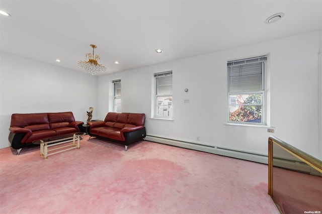 carpeted living room featuring baseboard heating