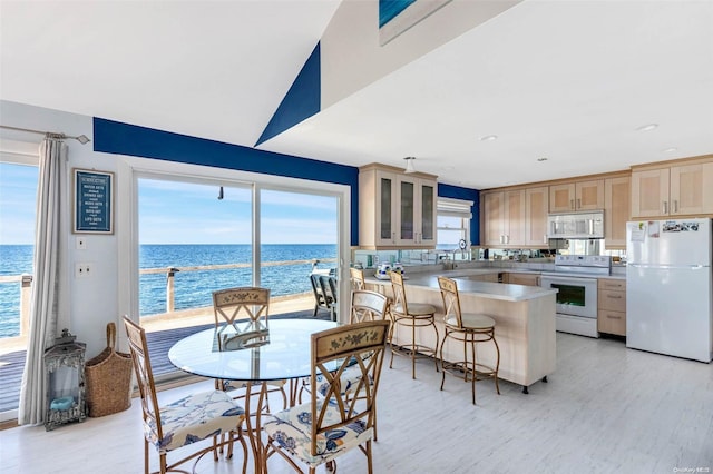 dining area featuring light hardwood / wood-style floors and a water view