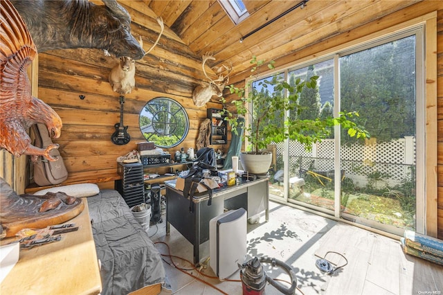 4 Maple St, Glenwood Landing, NY 11547 - office area with lofted ceiling, wooden ceiling, a skylight, and log walls