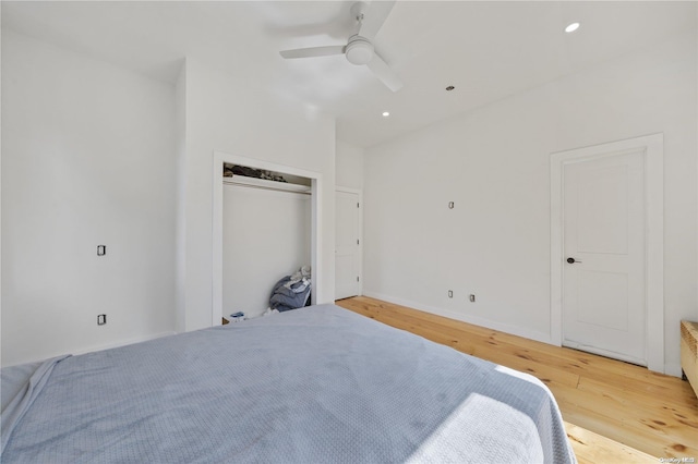 4 Maple St, Glenwood Landing, NY 11547 - bedroom with light wood-type flooring, recessed lighting, ceiling fan, and a closet