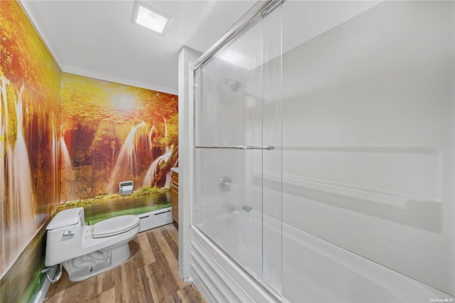 4 Maple St, Glenwood Landing, NY 11547 - bathroom featuring toilet, wood finished floors, enclosed tub / shower combo, and a baseboard heating unit