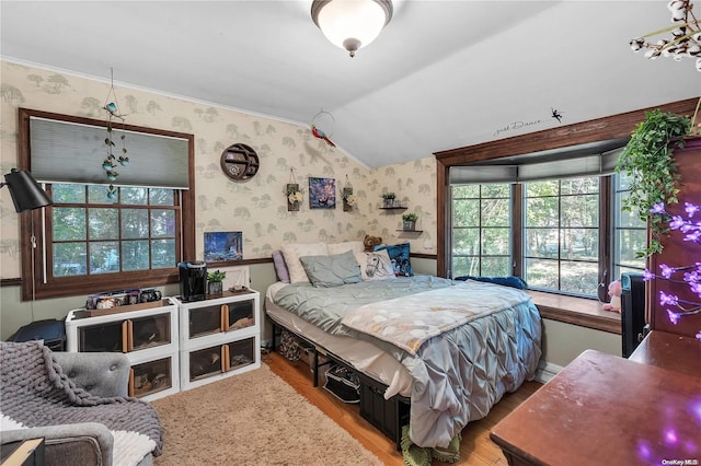 bedroom with vaulted ceiling and hardwood / wood-style flooring