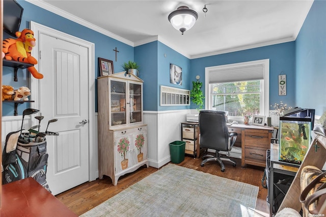 office featuring dark hardwood / wood-style floors and ornamental molding