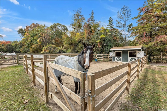 view of stable with a rural view