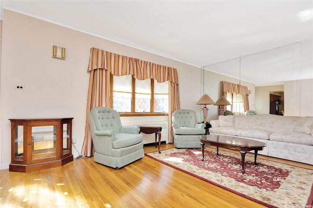 living room featuring hardwood / wood-style floors, radiator, ornamental molding, and a wealth of natural light