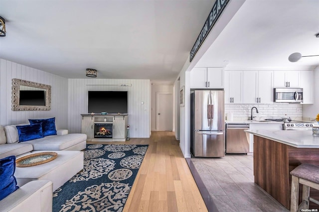 living room featuring light hardwood / wood-style floors, wooden walls, and sink