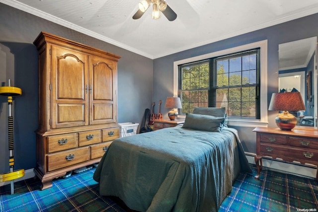 bedroom featuring ceiling fan and crown molding