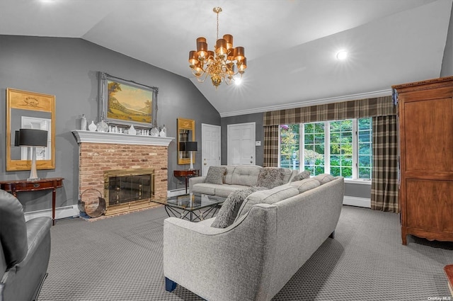 carpeted living room featuring an inviting chandelier, a fireplace, a baseboard heating unit, and vaulted ceiling