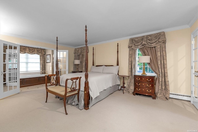 carpeted bedroom with french doors, a baseboard radiator, and ornamental molding