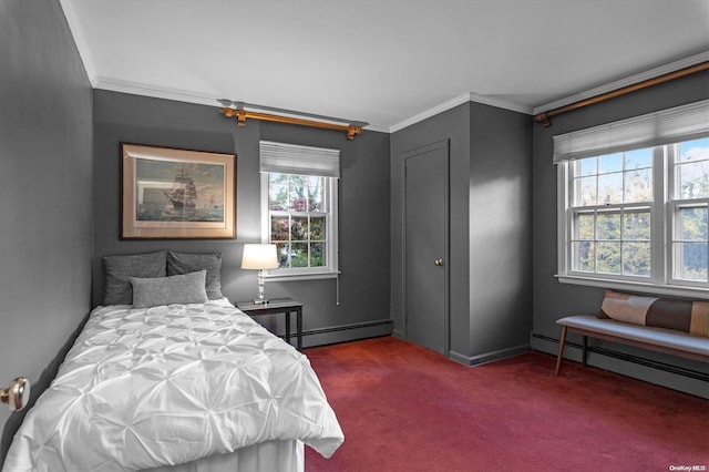 carpeted bedroom featuring baseboard heating and crown molding