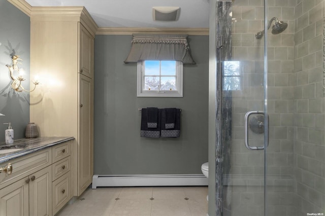 bathroom with vanity, a shower with door, a baseboard heating unit, crown molding, and toilet