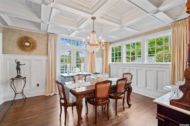 dining area with coffered ceiling, a wealth of natural light, dark wood-type flooring, and a notable chandelier