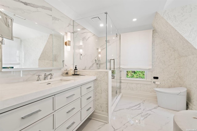 bathroom with vanity and an enclosed shower