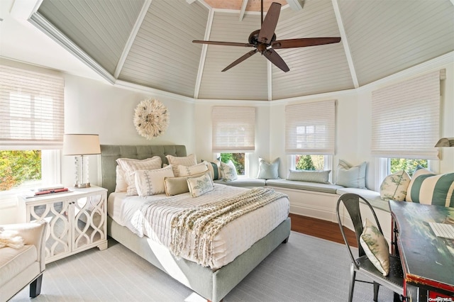 bedroom with ceiling fan, high vaulted ceiling, wooden ceiling, and light wood-type flooring