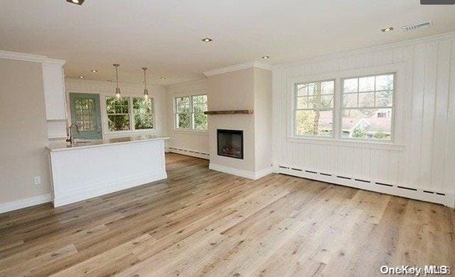 unfurnished living room with sink, light hardwood / wood-style flooring, a baseboard radiator, and ornamental molding