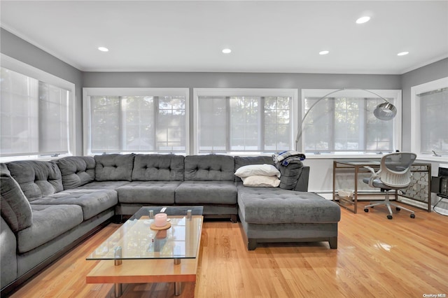 living room featuring light wood-type flooring, ornamental molding, and a baseboard heating unit