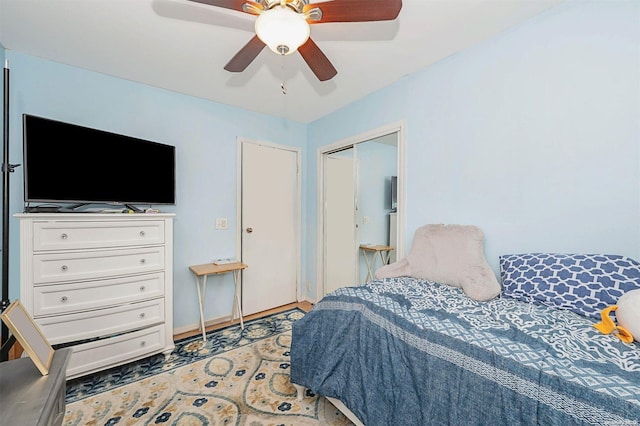 bedroom featuring ceiling fan and a closet