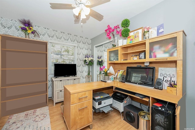 office area featuring ceiling fan and light wood-type flooring