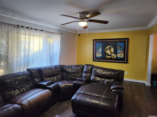 living room with ceiling fan, dark hardwood / wood-style flooring, and crown molding