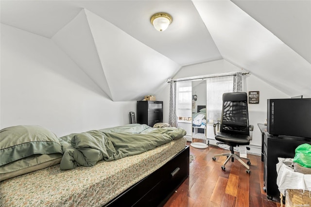 bedroom featuring dark hardwood / wood-style flooring and vaulted ceiling