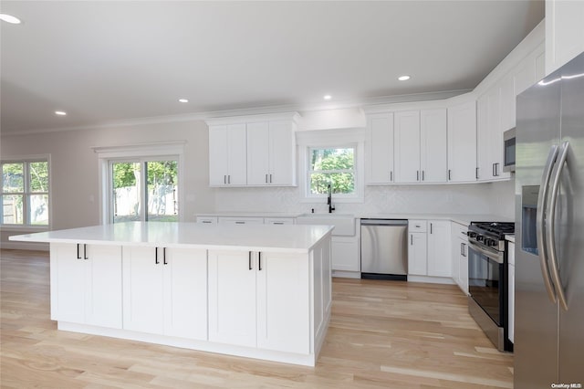 kitchen with light wood-type flooring, a center island, stainless steel appliances, and plenty of natural light