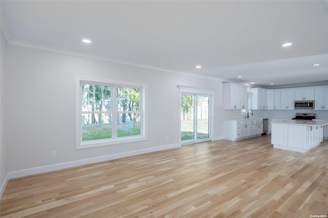 unfurnished living room with sink, light hardwood / wood-style flooring, and ornamental molding