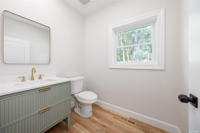 bathroom with wood-type flooring, vanity, and toilet