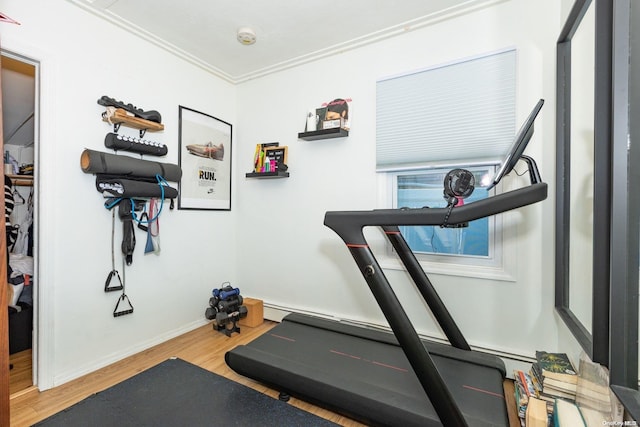 workout area featuring wood-type flooring and ornamental molding