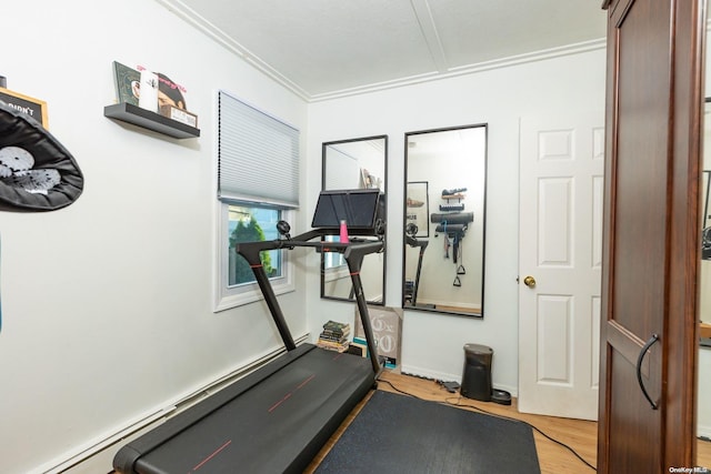 exercise area with light hardwood / wood-style flooring and ornamental molding