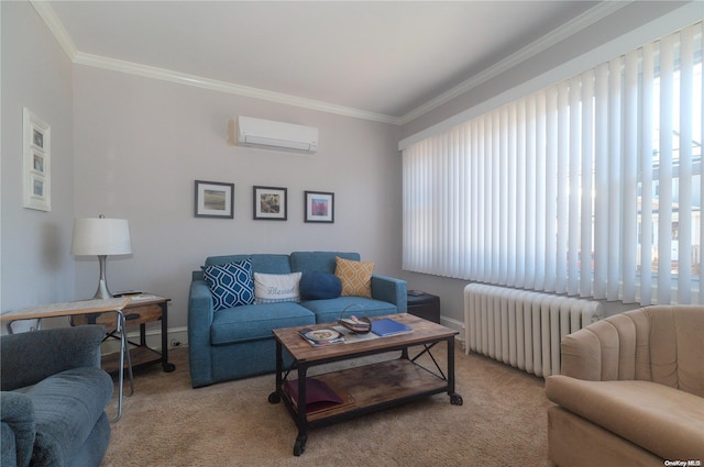 living room with light colored carpet, crown molding, radiator, and a wall mounted AC