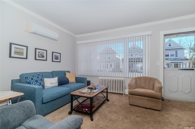 living room with light colored carpet, a wall unit AC, radiator, and ornamental molding