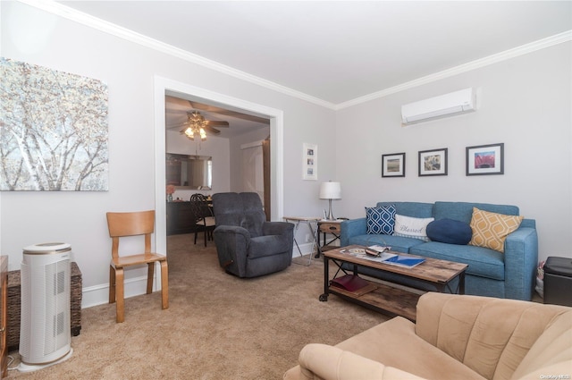 living room with light carpet, an AC wall unit, ceiling fan, and crown molding