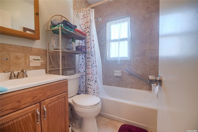 full bathroom featuring vanity, shower / bathtub combination with curtain, tile walls, tile patterned flooring, and toilet