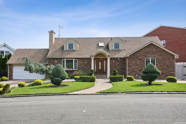 cape cod-style house featuring a front yard and a garage