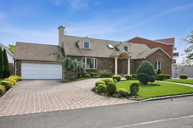 cape cod house with a front yard and a garage