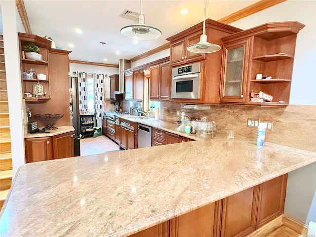 kitchen featuring a peninsula, appliances with stainless steel finishes, pendant lighting, and open shelves